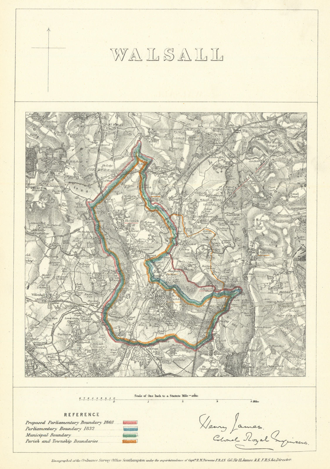 Walsall, Staffordshire. JAMES. Parliamentary Boundary Commission 1868 old map